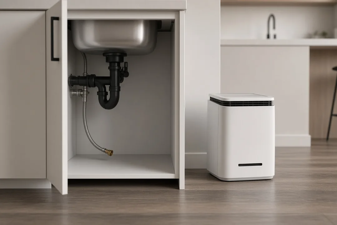 Open sink cabinet with a dehumidifier drying the kitchen floor